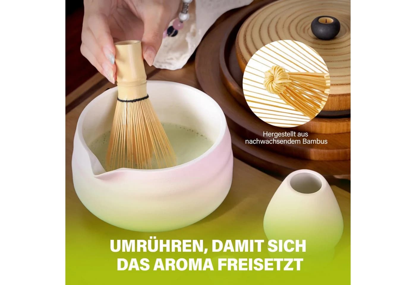 AKKEE Matcha Tee Set 8-teilig Keramik Rosa mit Bambus-Besen
