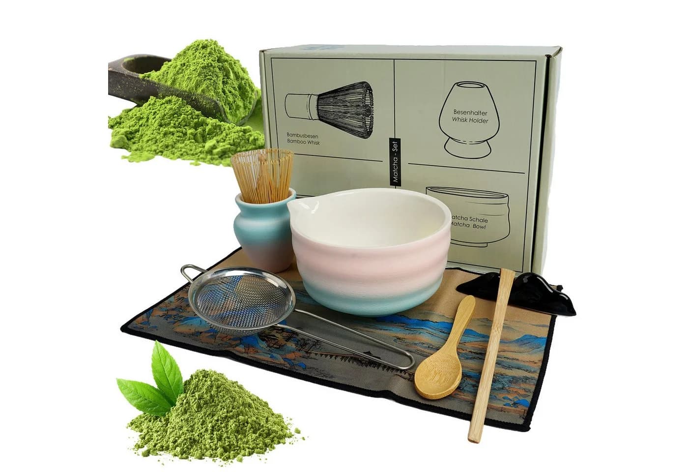 AKKEE Matcha Tee Set 8-teilig Keramik Rosa mit Bambus-Besen - Bild 2