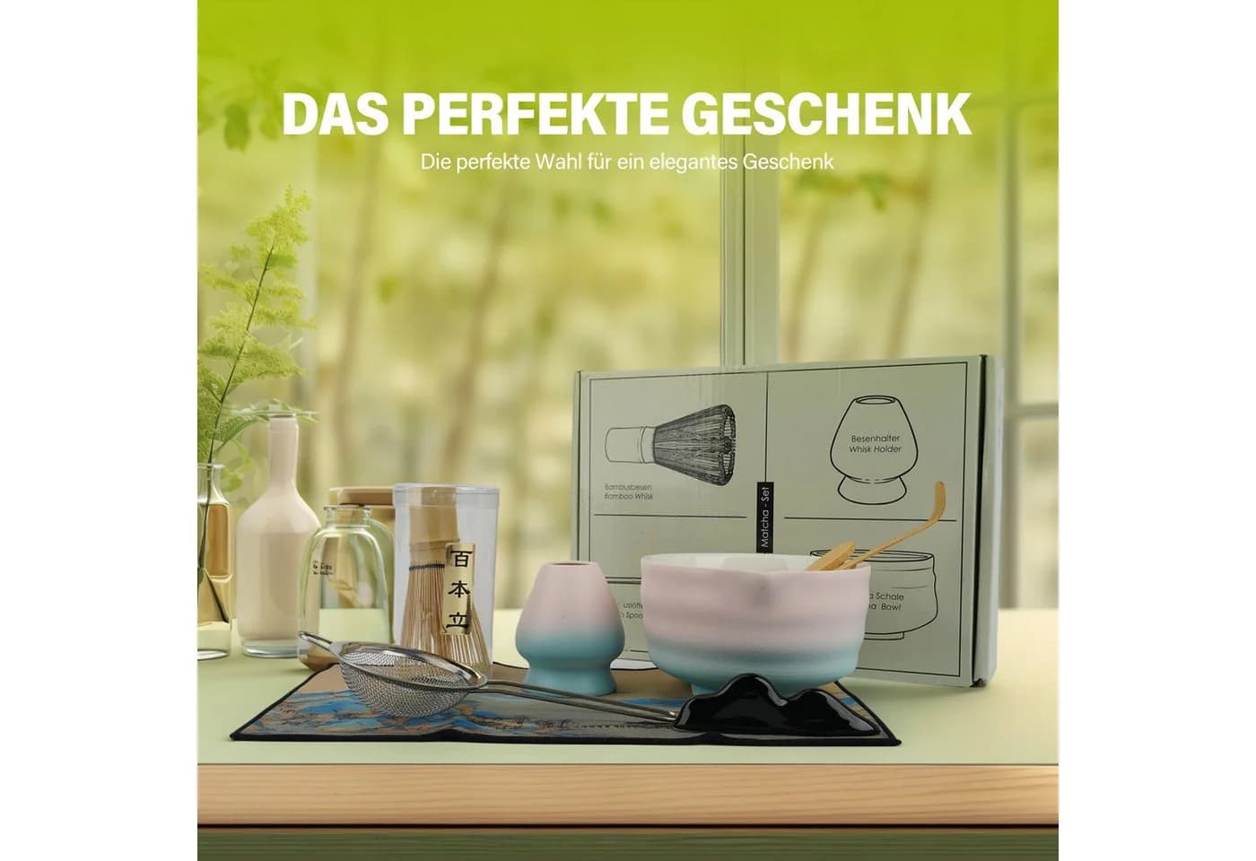 AKKEE Matcha Tee Set 8-teilig Keramik Rosa mit Bambus-Besen - Bild 3