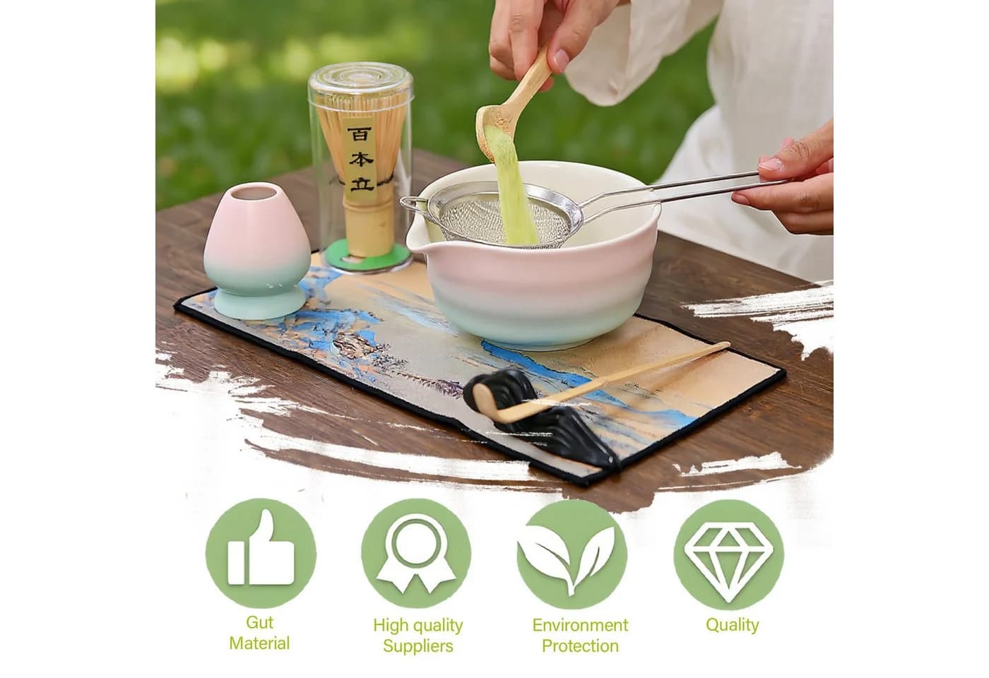AKKEE Matcha Tee Set 8-teilig Keramik Rosa mit Bambus-Besen - Bild 4