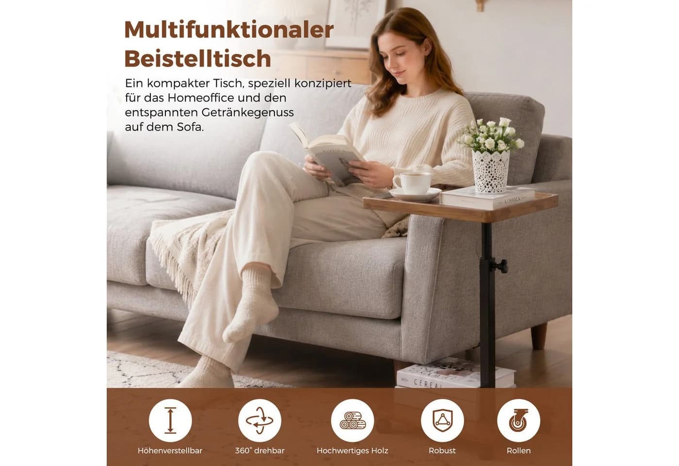 AKKEE Beistelltisch Höhenverstellbar 45-80cm Braun C-Form
