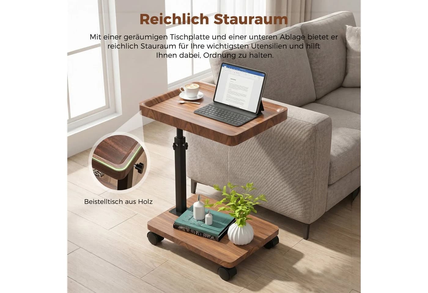 AKKEE Beistelltisch Höhenverstellbar 45-80cm Braun C-Form - Bild 5