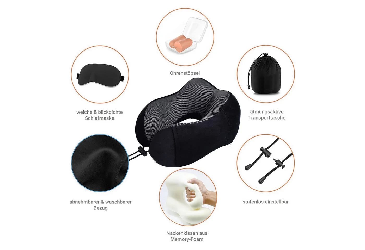 AKKEE Nackenhörnchen Nackenkissen Memory-Schaum Schwarz mit Schlafmaske - Bild 5