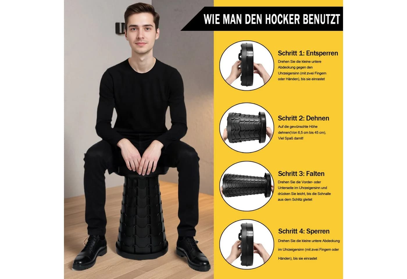 AKKEE Klappstuhl Tragbar Schwarz Höhenverstellbar - Bild 4