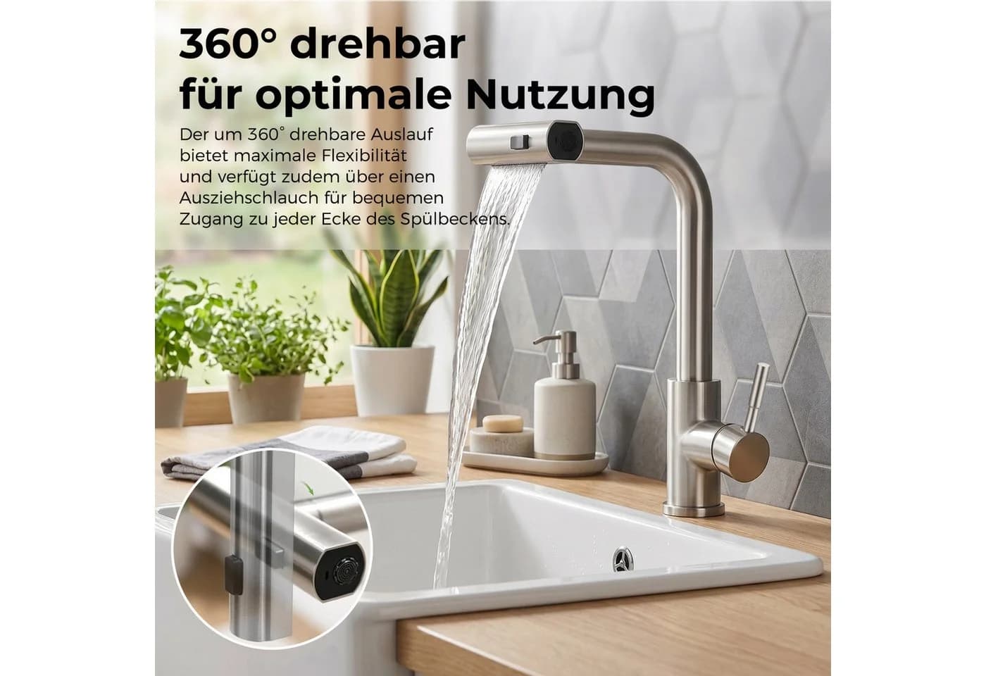 AKKEE Ausziehbare Küchenarmatur 360° Edelstahl Silber