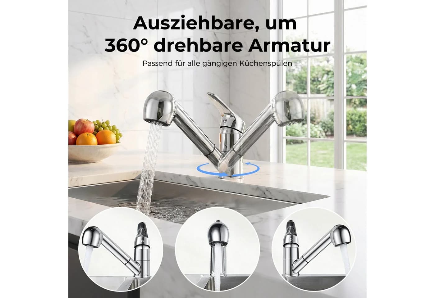 AKKEE Küchenarmatur Ausziehbar Chrom Silber 360° - Bild 3