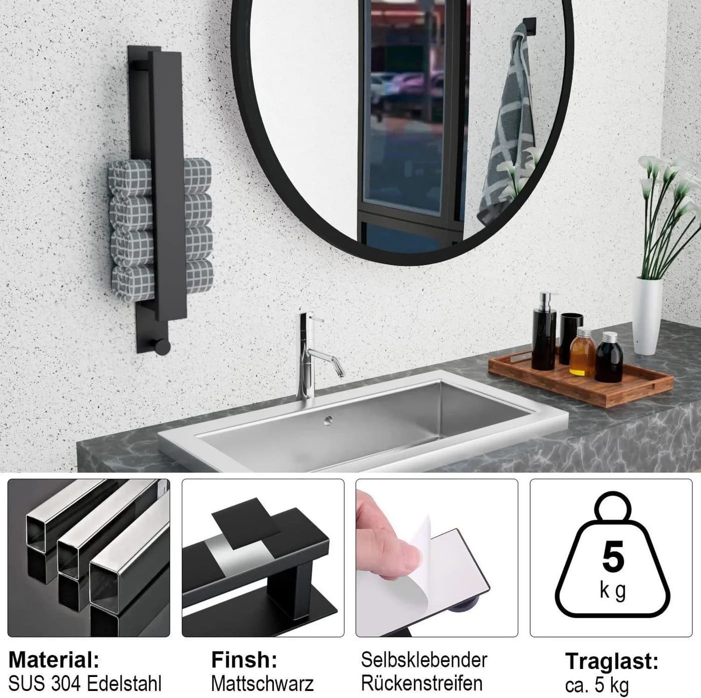 AKKEE Handtuchhalter Selbstklebend Edelstahl Silber Ohne Bohren - Bild 5