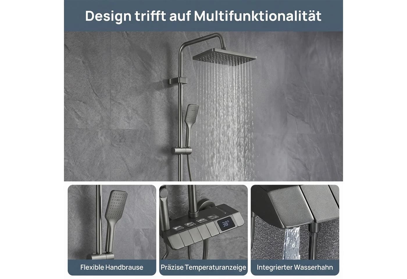 AKKEE Brausegarnitur Duschsystem Grau mit digitaler Anzeige