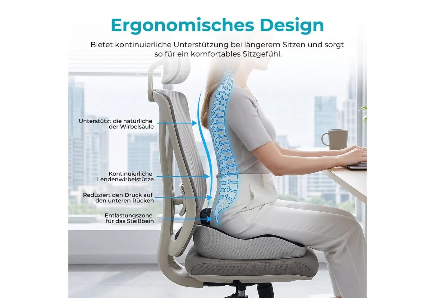 AKKEE Ergonomisches Sitzkissen Memory Foam Schwarz Breitenverstellbar - Bild 3