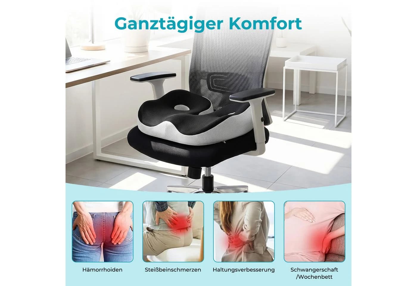 AKKEE Ergonomisches Sitzkissen Memory Foam Schwarz Breitenverstellbar - Bild 5