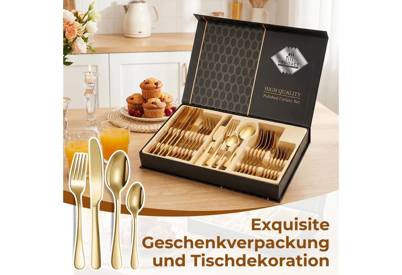 AKKEE Besteck-Set 24-tlg. Gold Edelstahl für 6 Personen