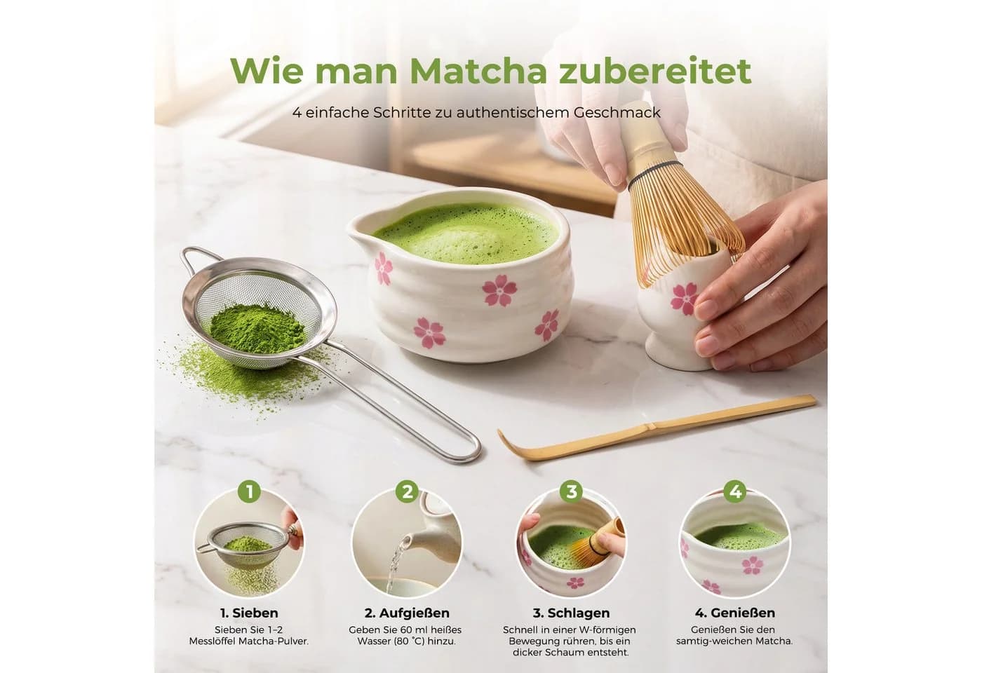 AKKEE Teeservice Matcha Set 5-tlg. Weiß Keramik Bambus