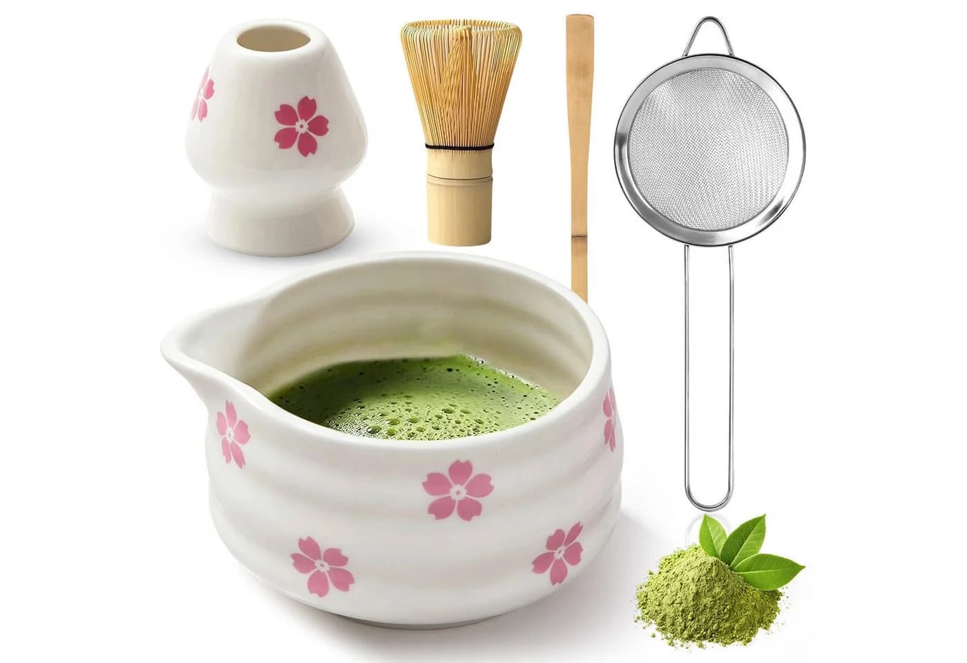 AKKEE Teeservice Matcha Set 5-tlg. Weiß Keramik Bambus - Bild 2