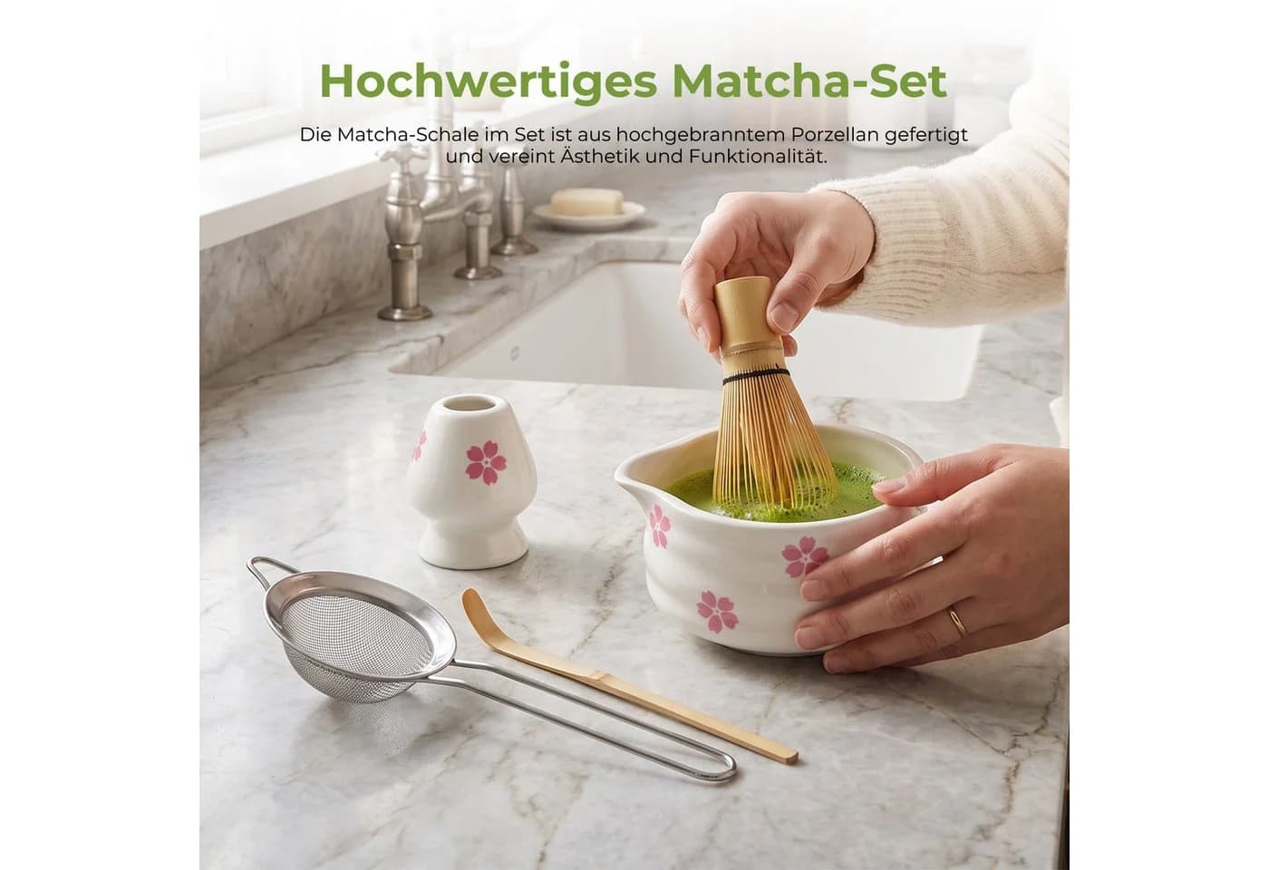 AKKEE Teeservice Matcha Set 5-tlg. Weiß Keramik Bambus - Bild 3