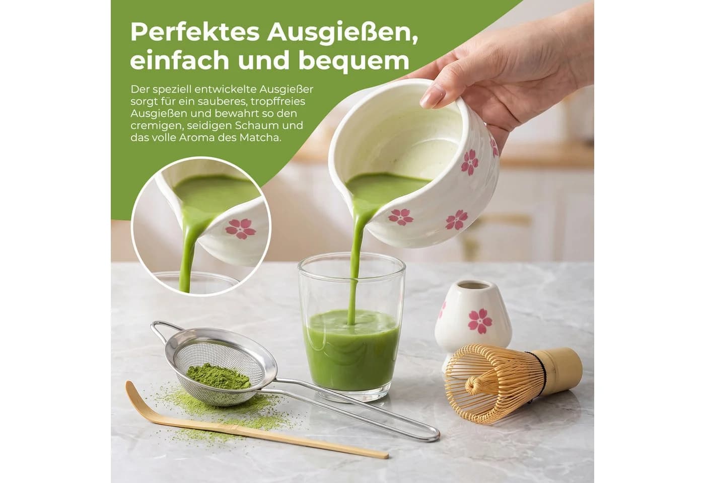 AKKEE Teeservice Matcha Set 5-tlg. Weiß Keramik Bambus - Bild 5