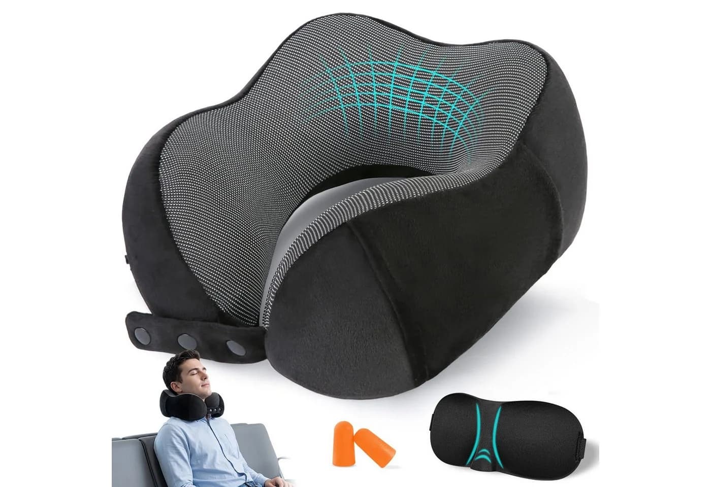 AKKEE Nackenhörnchen Nackenkissen Memory-Schaum Schwarz mit Schlafmaske - Bild 2