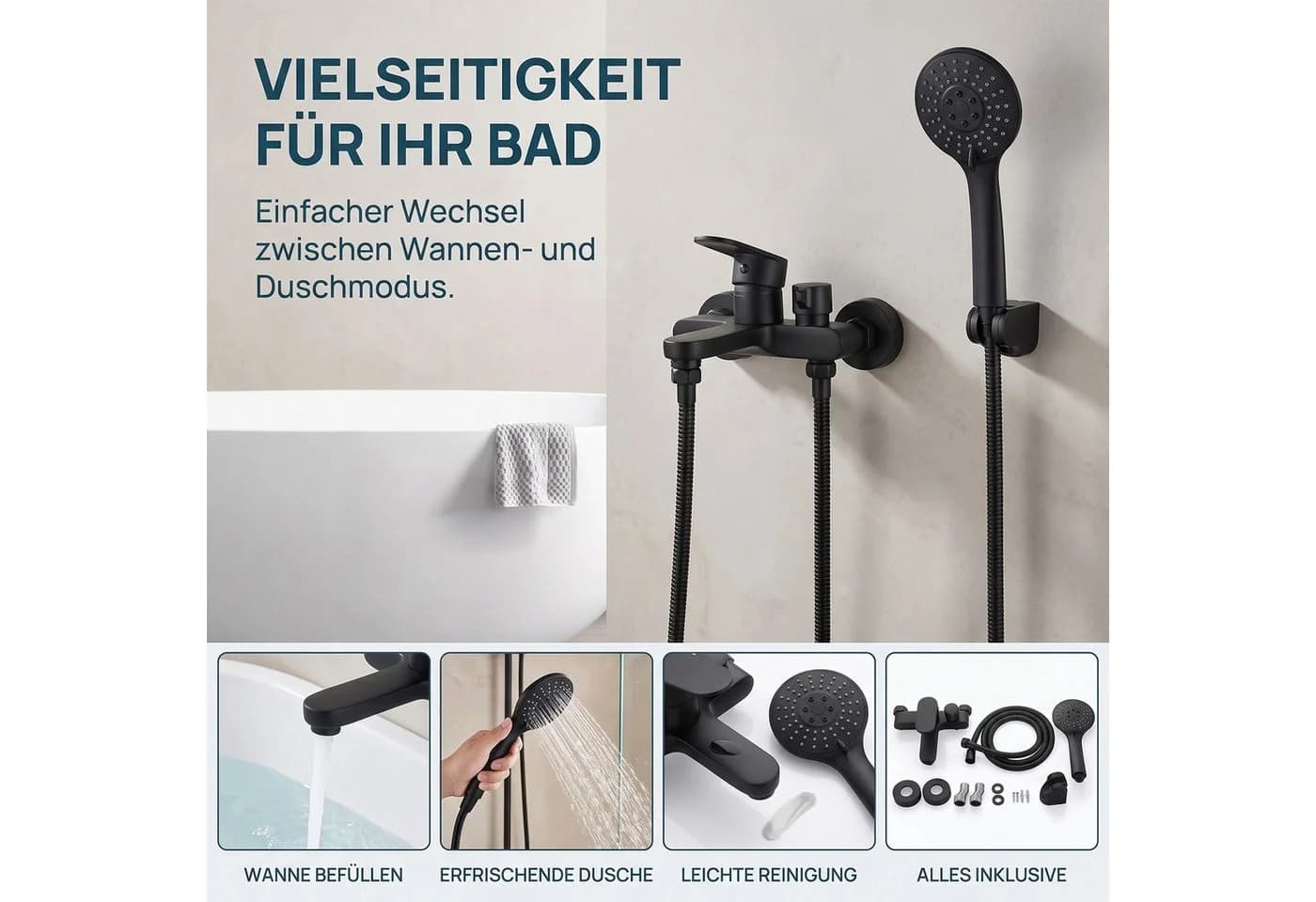 AKKEE Brausegarnitur Badewannenarmatur Schwarz Matt - Bild 3