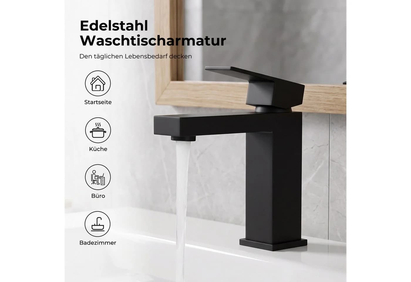 AKKEE Waschtischarmatur Schwarz Matt Edelstahl Mischbatterie