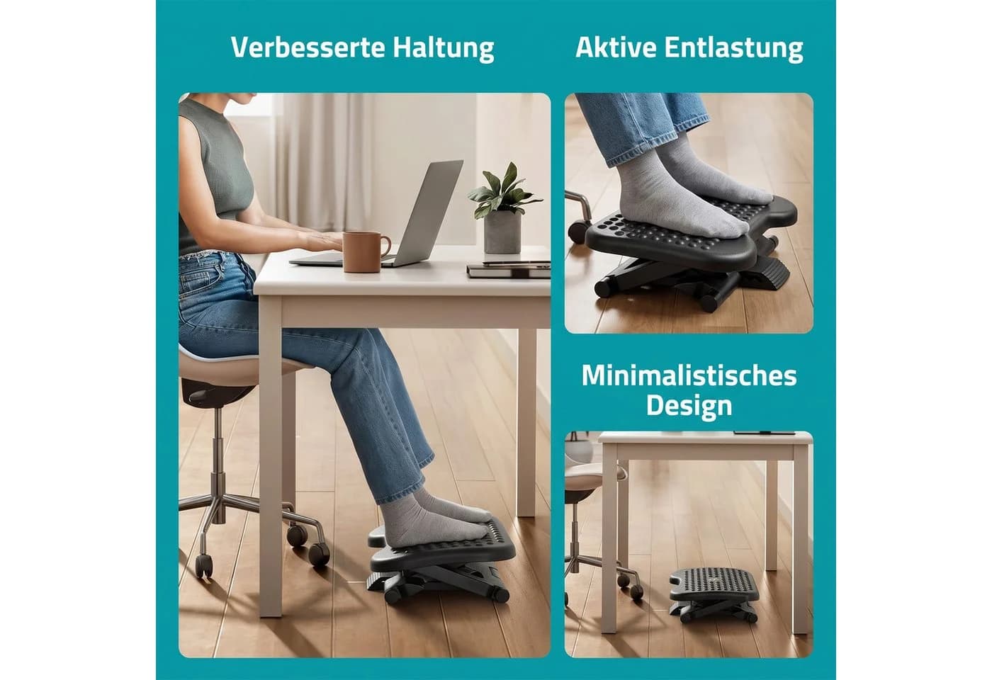 AKKEE Fußhocker Ergonomisch 3-fach Höhenverstellbar Schwarz - Bild 4