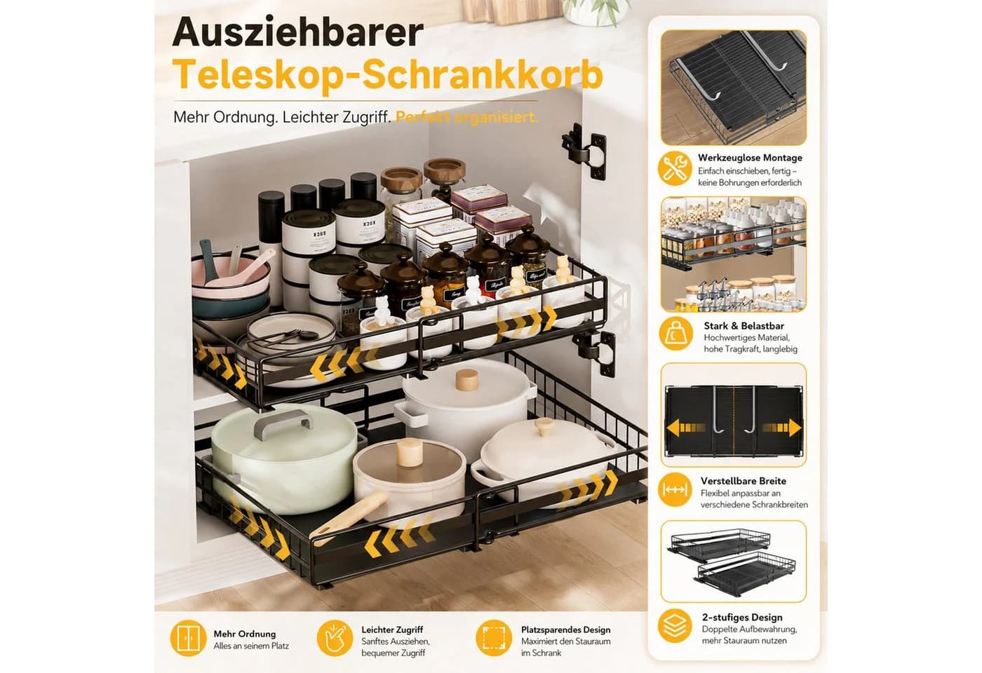 AKKEE Küchenorganizer-Set 2 Stück Teleskopschublade Schwarz - Bild 3