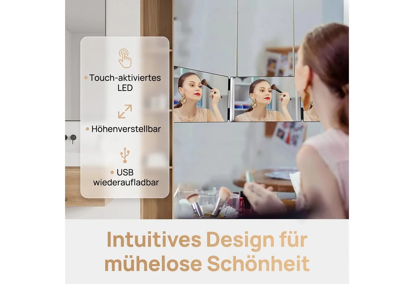 AKKEE Klappspiegel mit LED-Beleuchtung, 3-seitig, höhenverstellbar, Schwarz - Bild 4