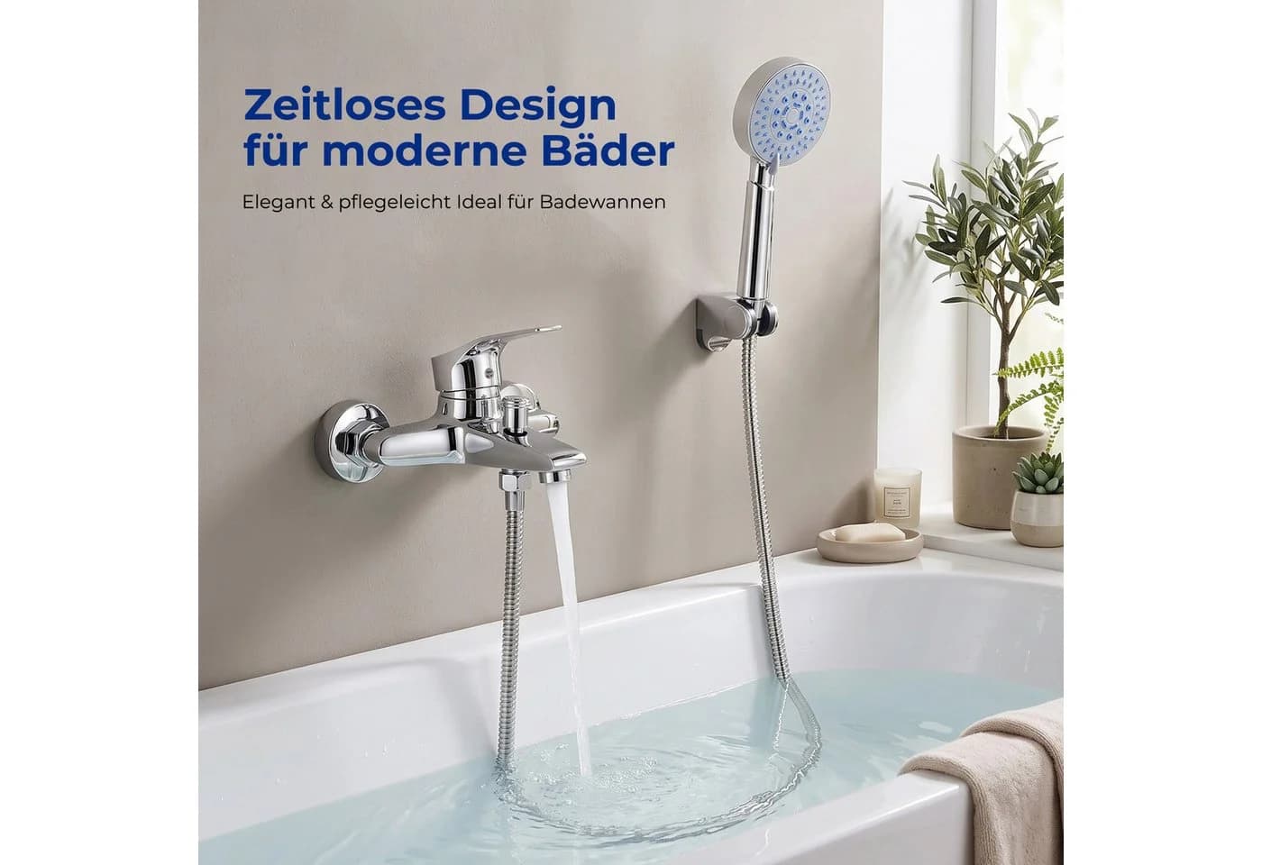 AKKEE Badewannenarmatur mit Handbrause, 5 Funktionen, Edelstahl Chrom