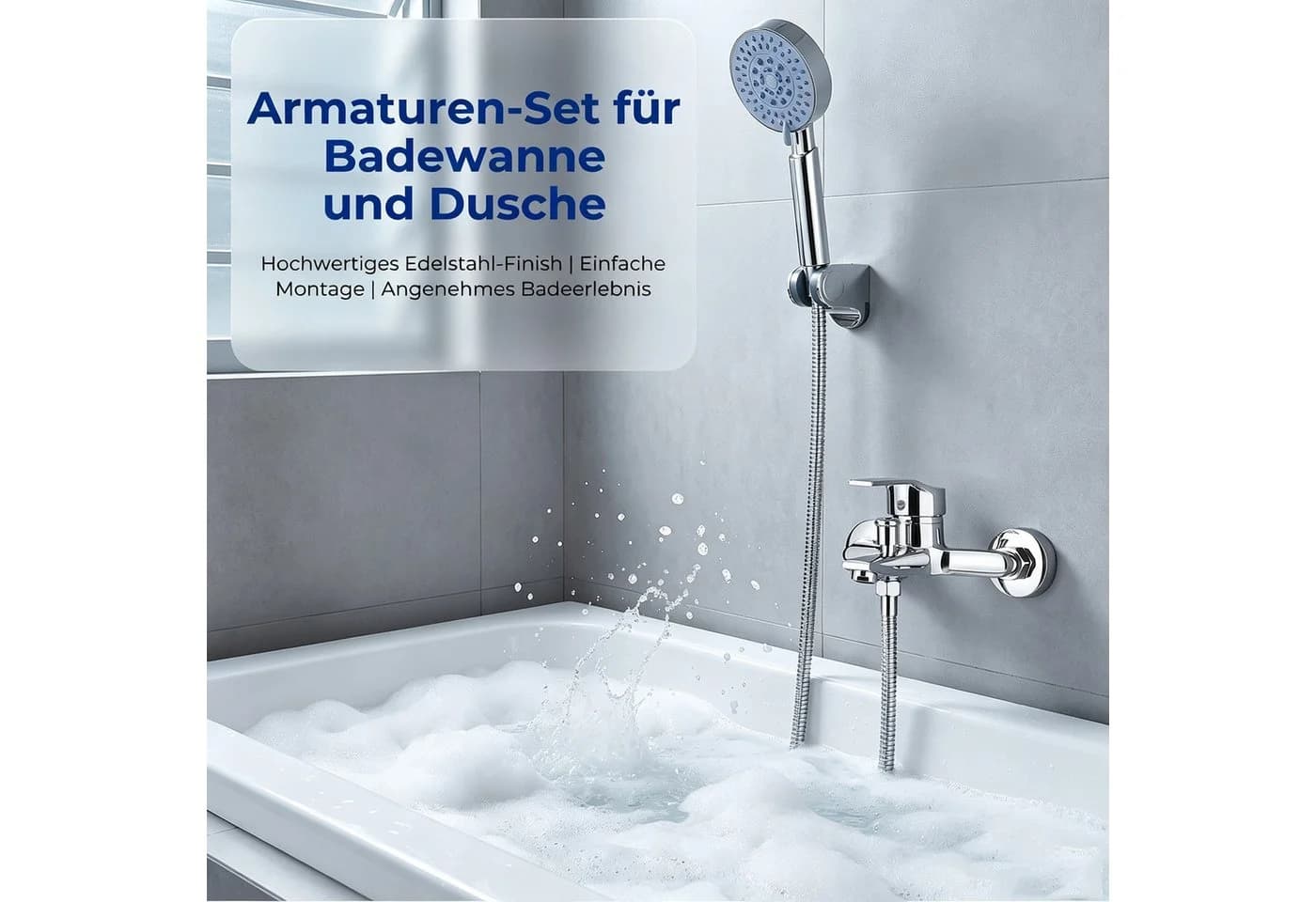 AKKEE Badewannenarmatur mit Handbrause, 5 Funktionen, Edelstahl Chrom - Bild 4