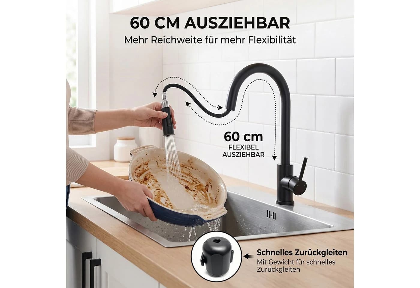 AKKEE Küchenarmatur Schwarz Ausziehbar 360° Schwenkbar Edelstahl - Bild 3