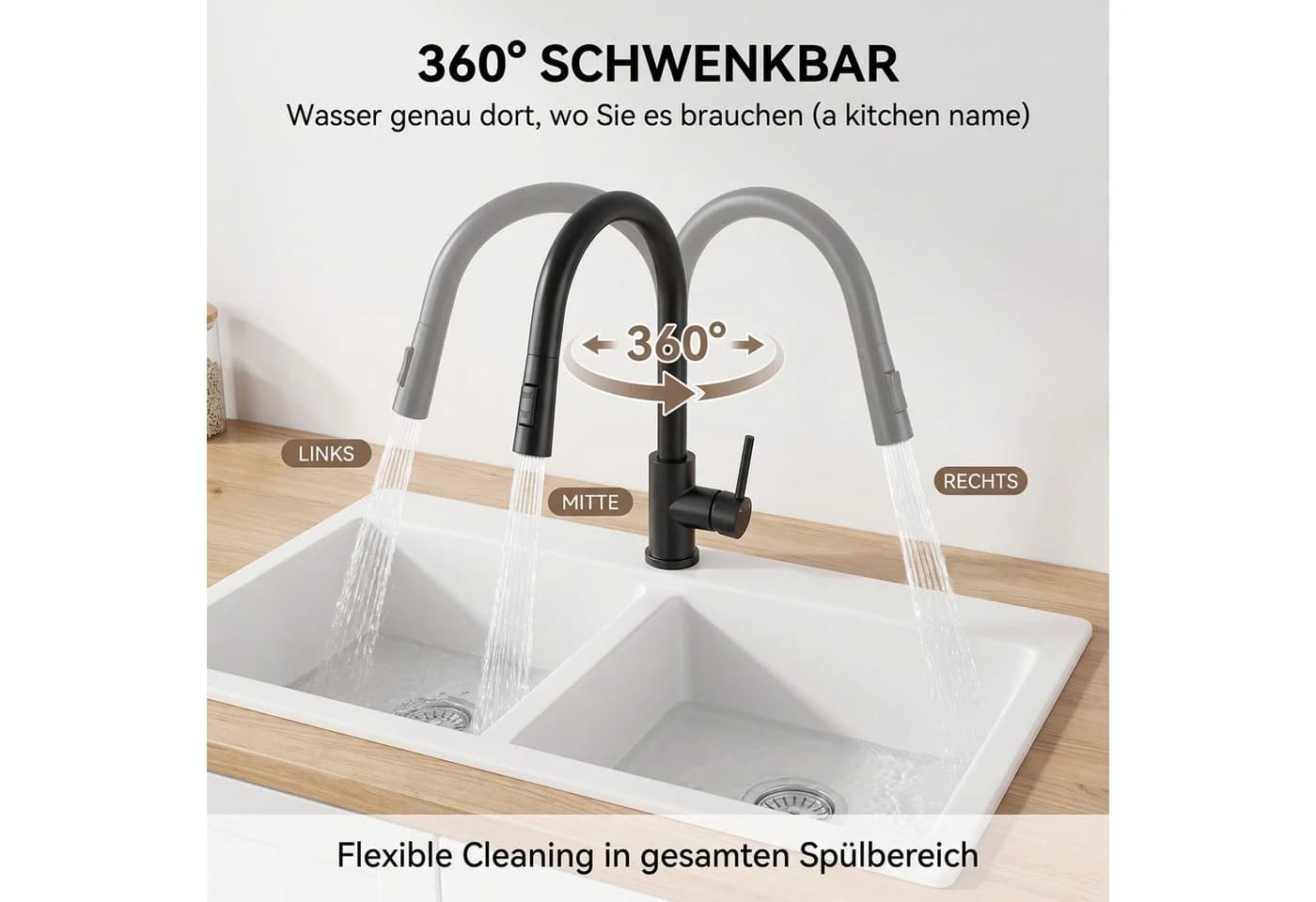 AKKEE Küchenarmatur Schwarz Ausziehbar 360° Schwenkbar Edelstahl - Bild 4