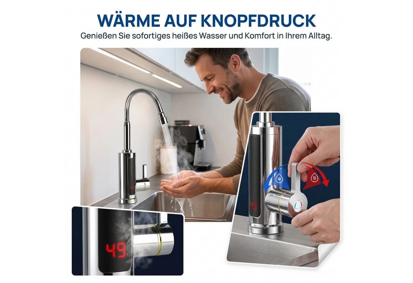 AKKEE Elektrischer Wasserhahn mit Durchlauferhitzer 360° Edelstahl - Bild 3