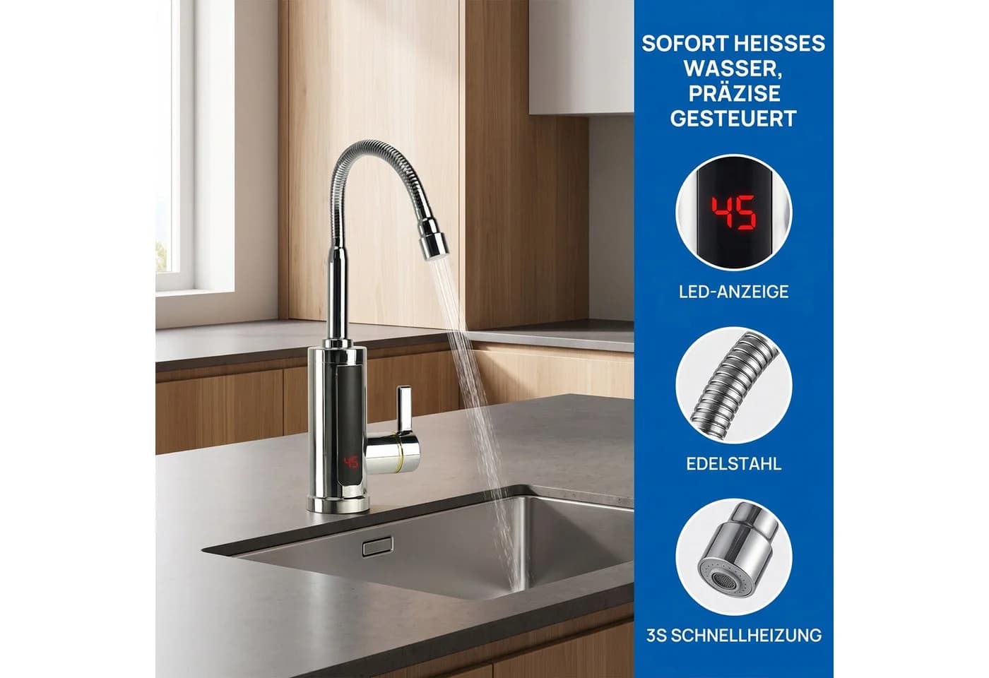 AKKEE Elektrischer Wasserhahn mit Durchlauferhitzer 360° Edelstahl - Bild 5