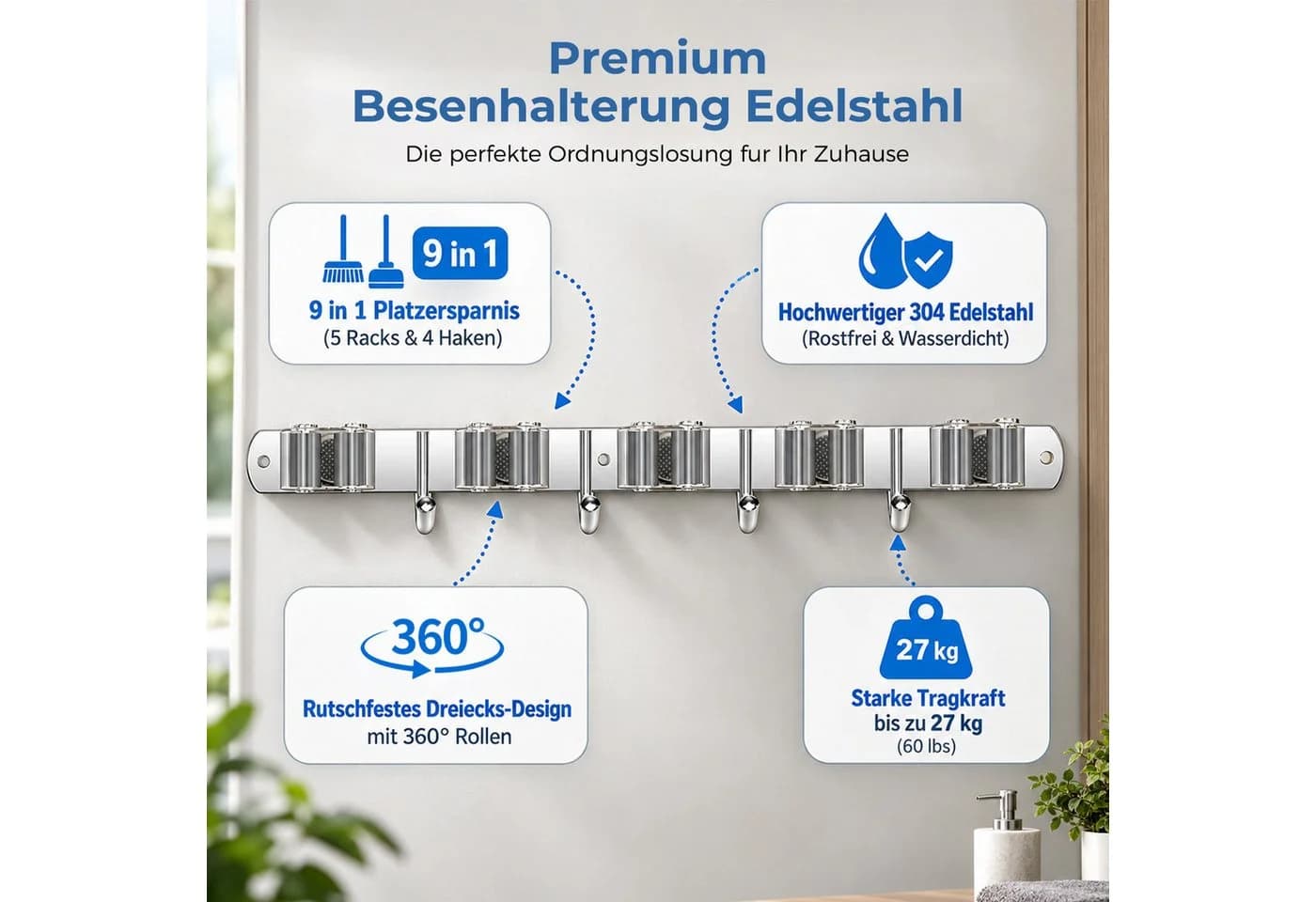 AKKEE Besenhalter Wand Edelstahl 304 Schwarz/Silber - Bild 5