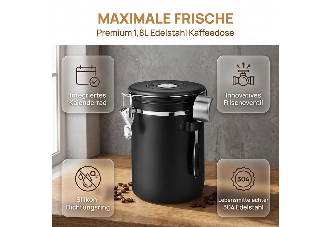 AKKEE Kaffeedose Edelstahl Luftdicht Schwarz 1.5L