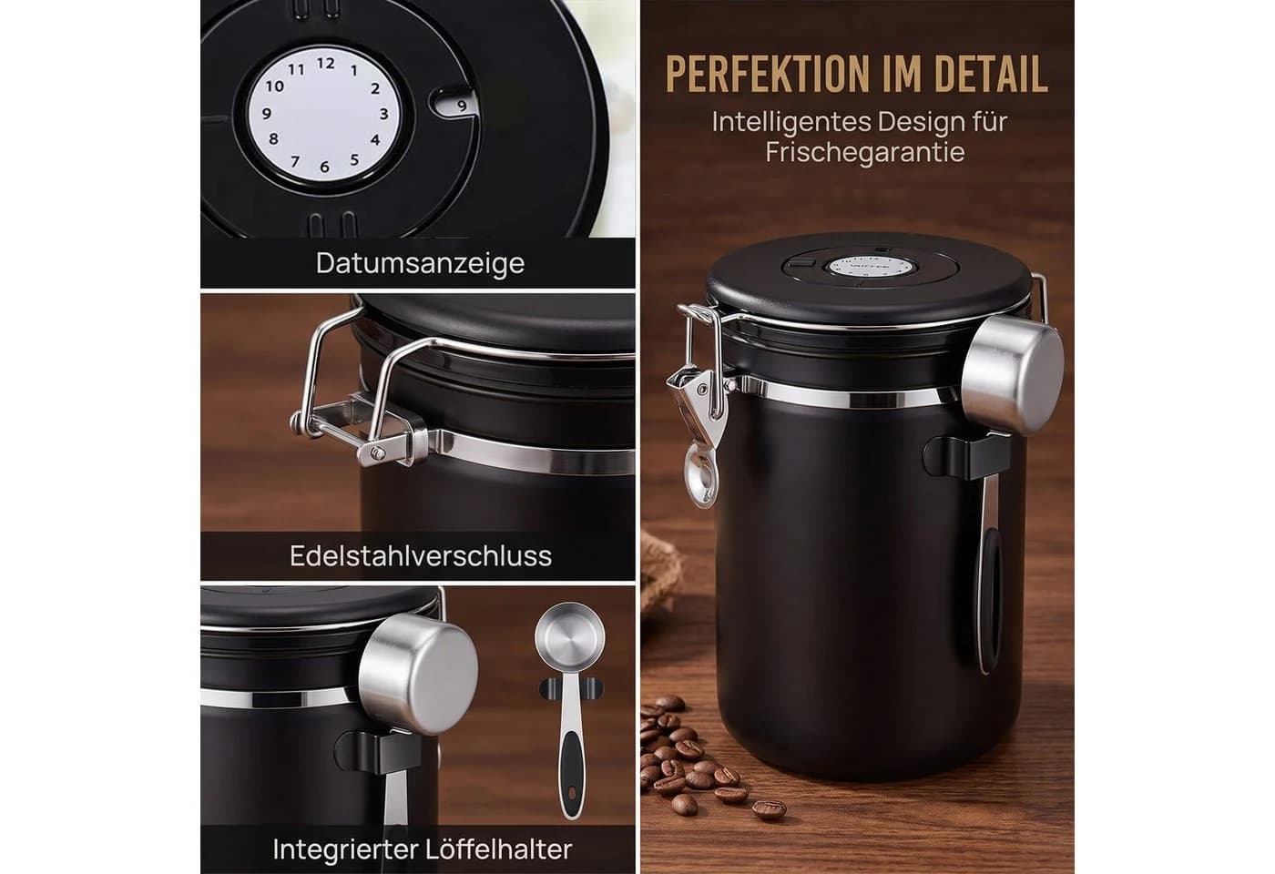 AKKEE Kaffeedose Edelstahl Luftdicht Schwarz 1.5L - Bild 3