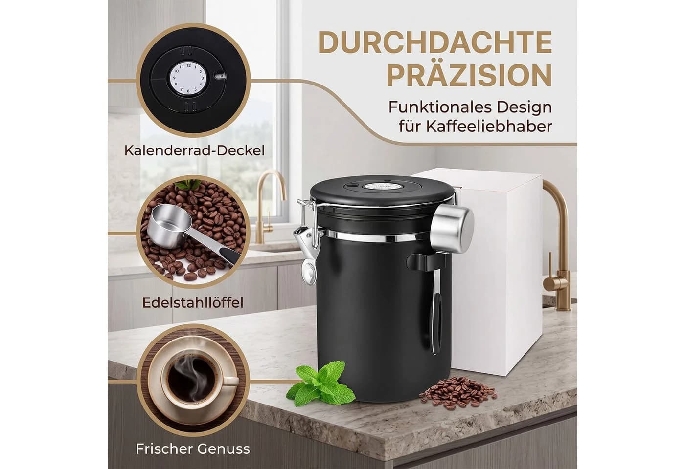 AKKEE Kaffeedose Edelstahl Luftdicht Schwarz 1.5L - Bild 5