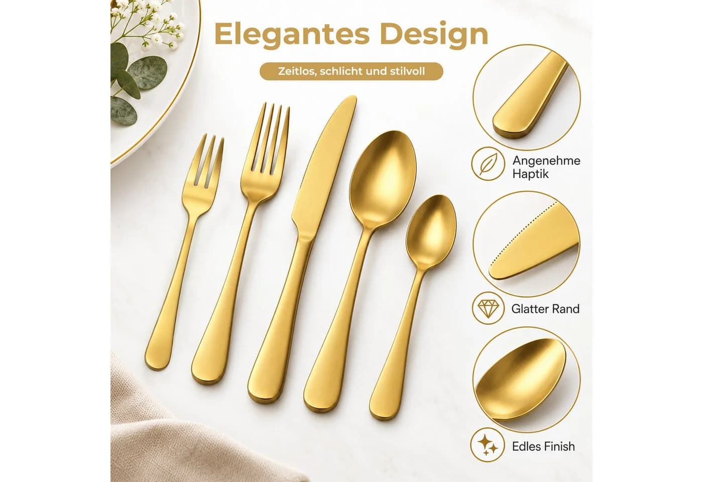 AKKEE Besteck-Set 30-tlg. für 6 Personen Edelstahl Titan-Gold
