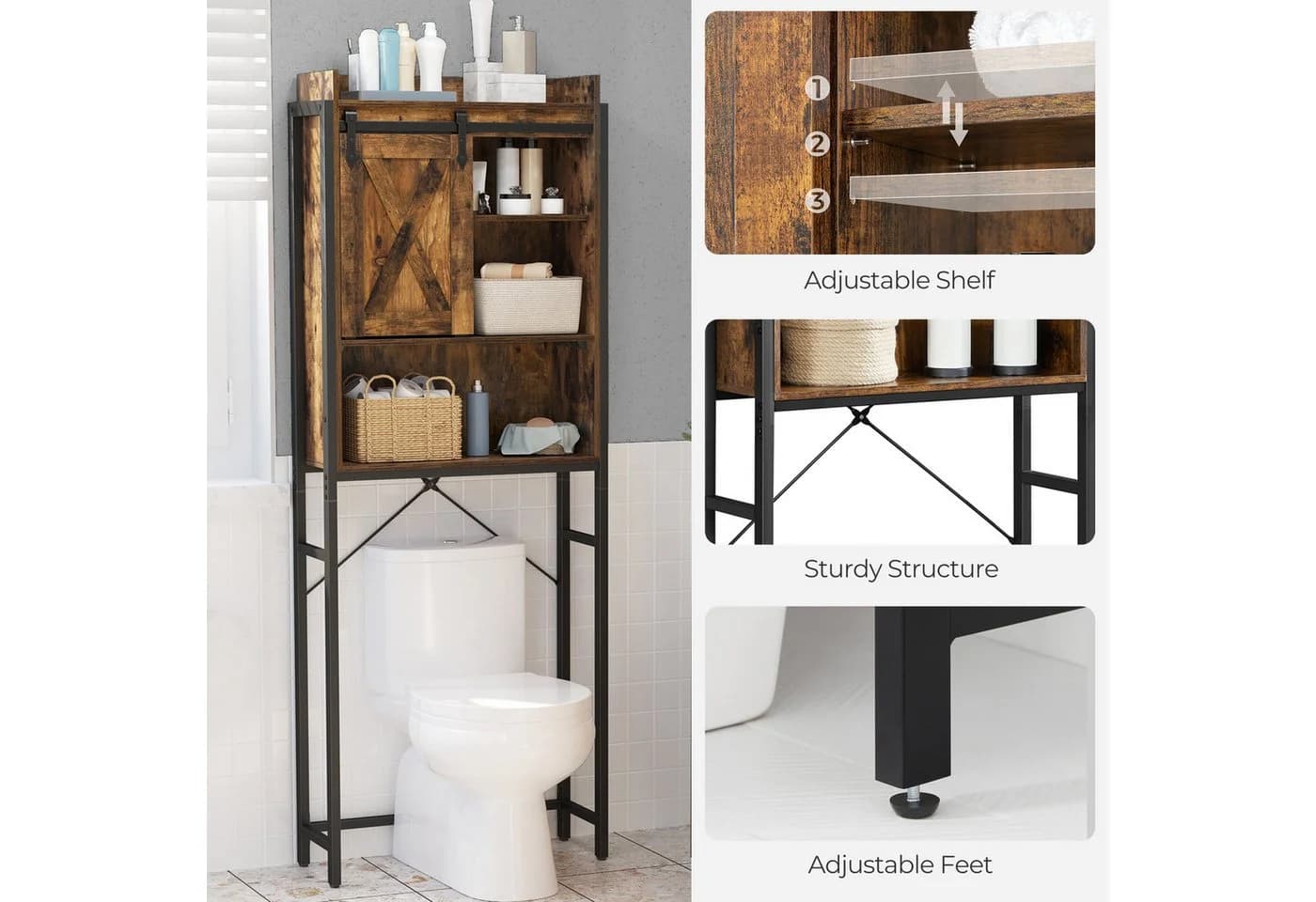VASAGLE Badregal Toilettenregal Vintagebraun-Schwarz Stahlgestell