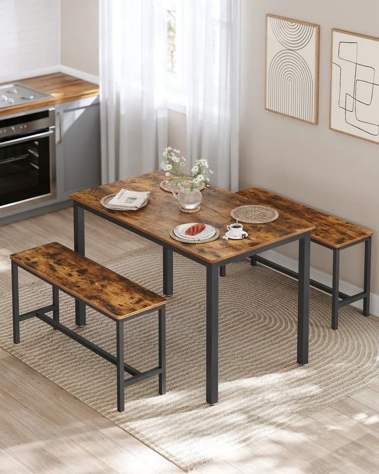 VASAGLE Essgruppe 3er-Set Küchentisch mit 2 Bänken Vintagebraun-Schwarz