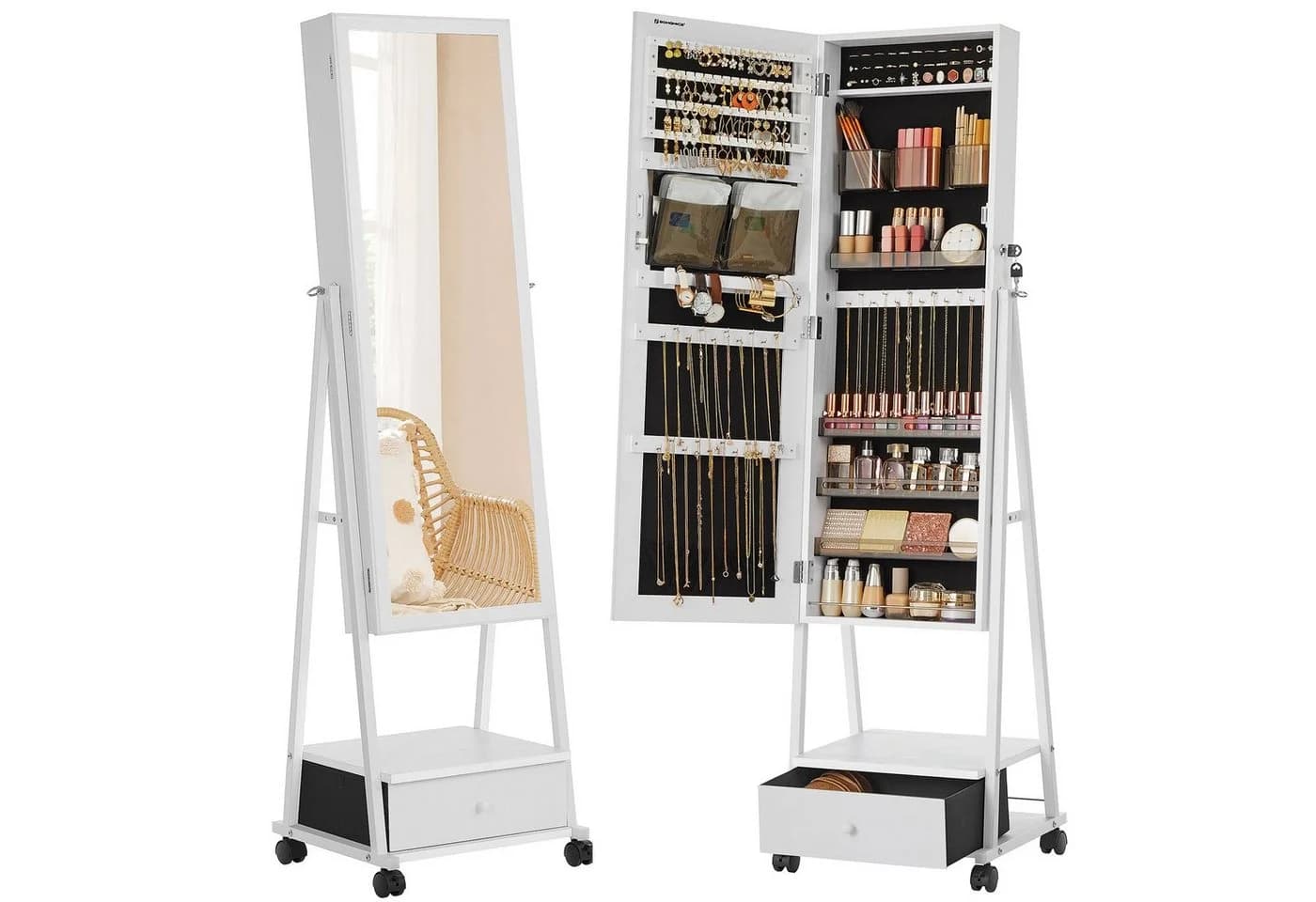 SONGMICS Schmuckschrank mit Ganzkörperspiegel und Schublade Weiß - Bild 2