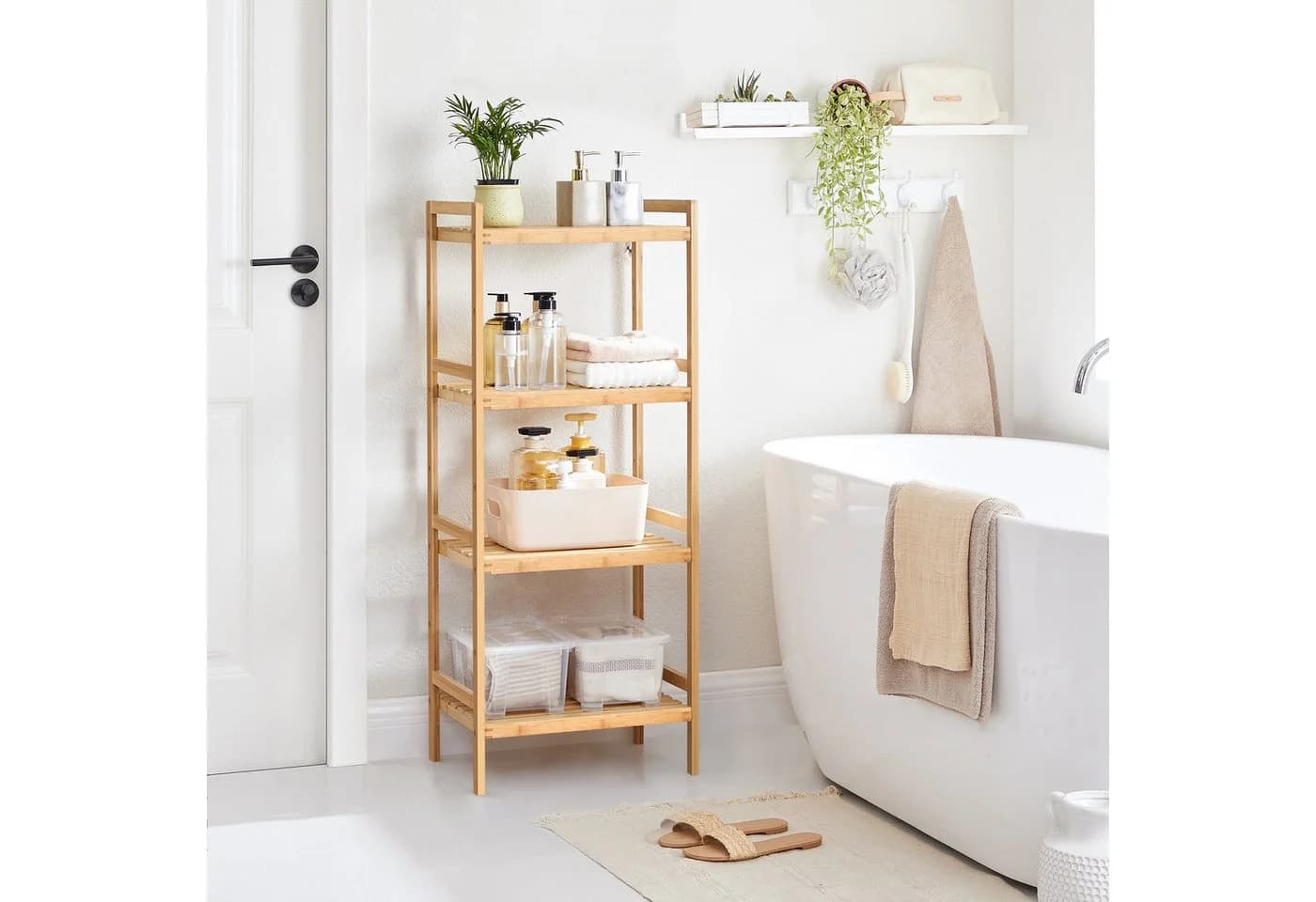 SONGMICS Badregal Bambusregal Küchenregal Bücherregal Standregal Naturfarben-Weiß
