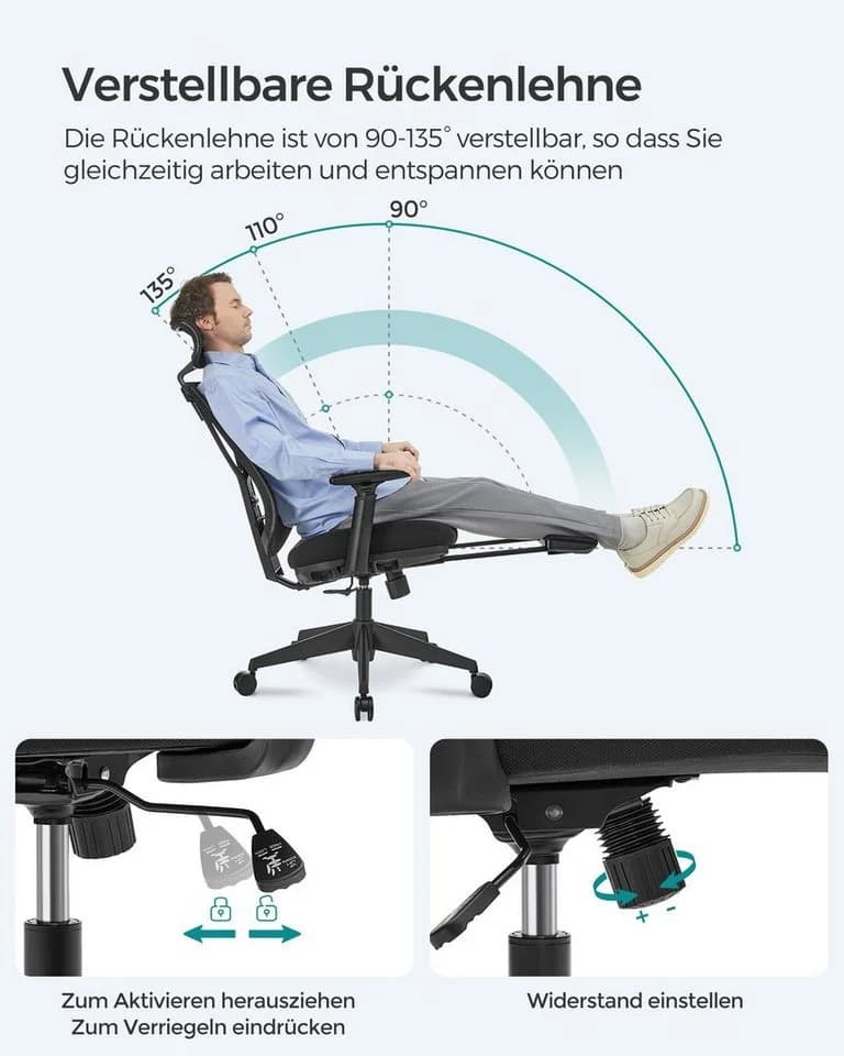 SONGMICS Bürostuhl mit Fußstütze Ergonomischer Schreibtischstuhl Schwarz - Bild 3