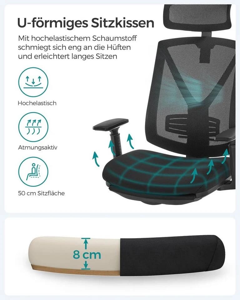 SONGMICS Bürostuhl mit Fußstütze Ergonomischer Schreibtischstuhl Schwarz - Bild 5