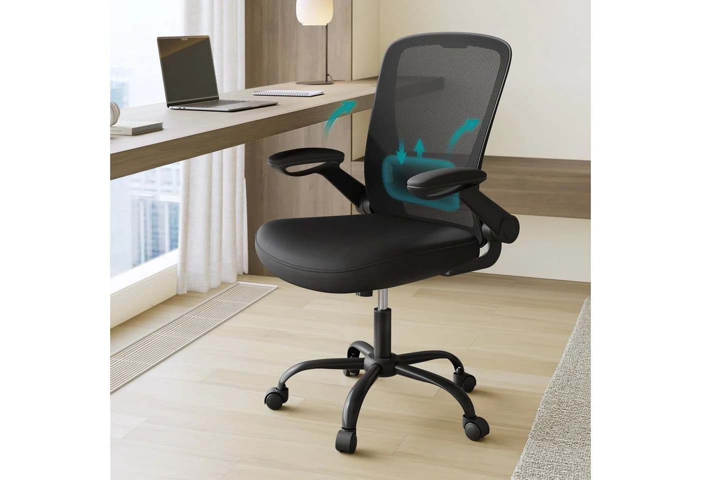 SONGMICS Bürostuhl Ergonomisch Drehstuhl Mesh Wippfunktion Klappbare Armlehnen Schwarz