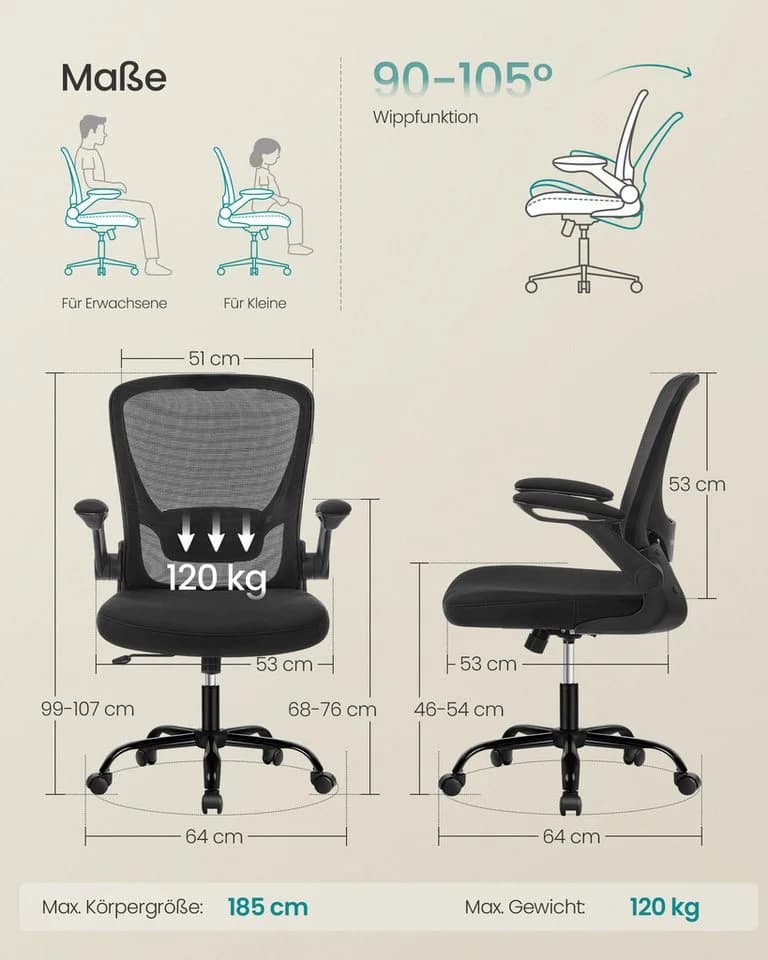 SONGMICS Bürostuhl Ergonomisch Drehstuhl Mesh Wippfunktion Klappbare Armlehnen Schwarz - Bild 3