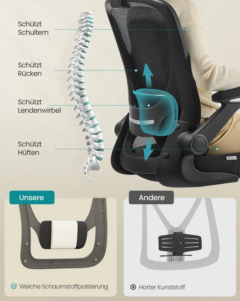 SONGMICS Bürostuhl Ergonomisch Drehstuhl Mesh Wippfunktion Klappbare Armlehnen Schwarz - Bild 4