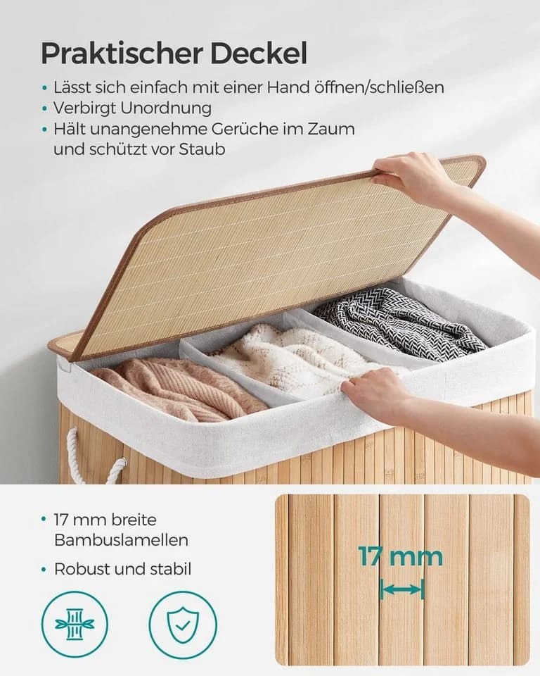 SONGMICS Wäschekorb Bambus 3 Fächer 150 L - Bild 3