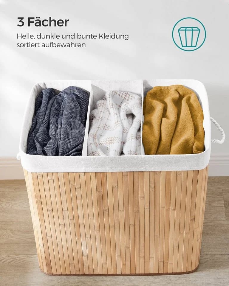 SONGMICS Wäschekorb Bambus 3 Fächer 150 L - Bild 5