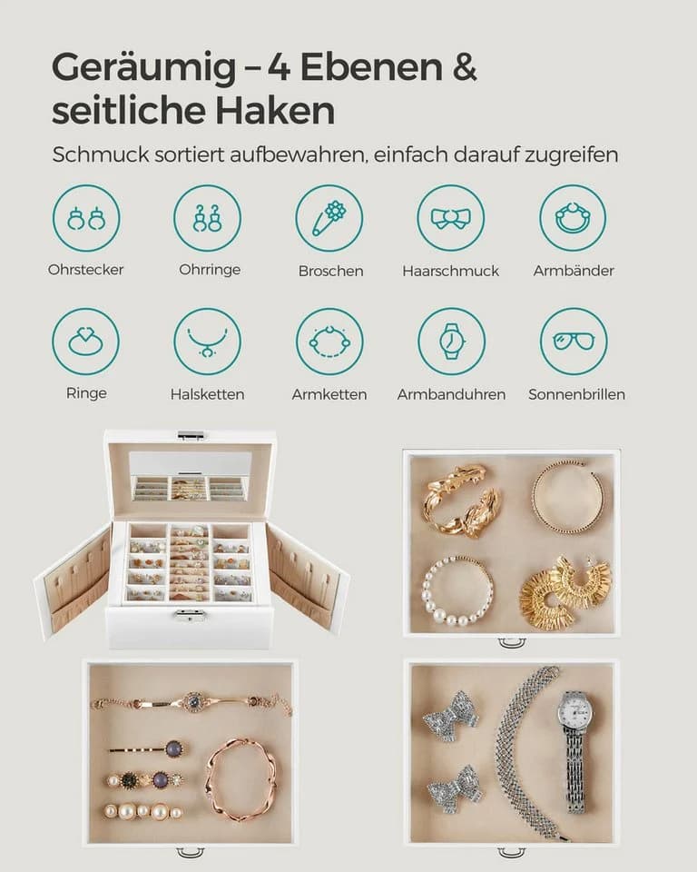 SONGMICS Schmuckkasten 4 Ebenen Weiß