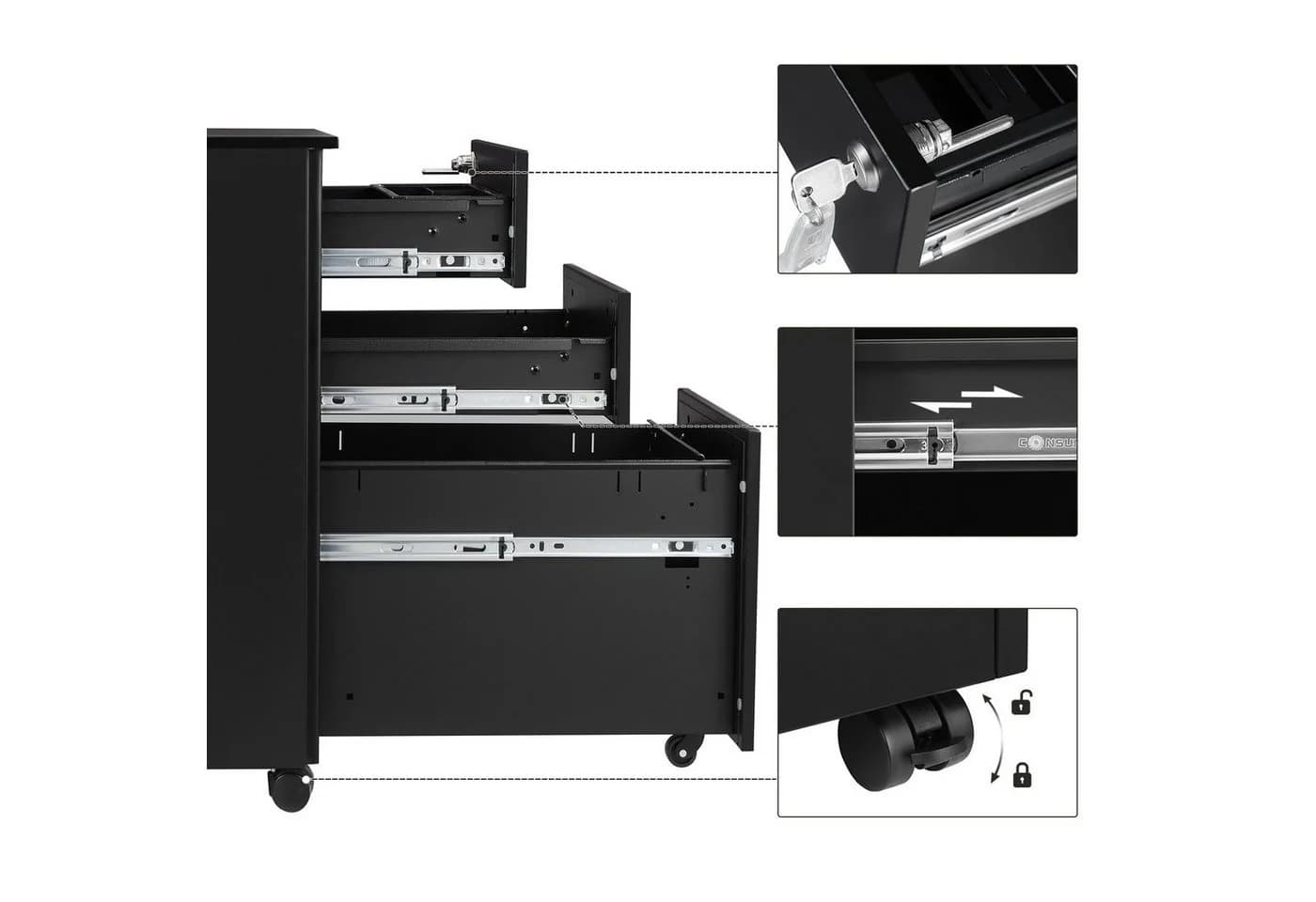 SONGMICS Aktenschrank Rollcontainer 3 Schubladen Weiß/Schwarz Stahl - Bild 5