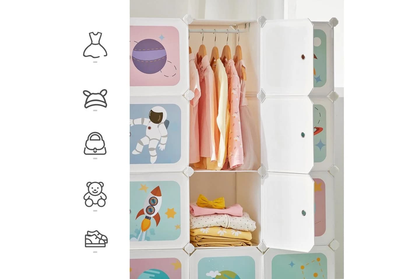 SONGMICS Kinderkleiderschrank Kinderregal 4 Kleiderstangen 16 Würfel Weiß - Bild 4